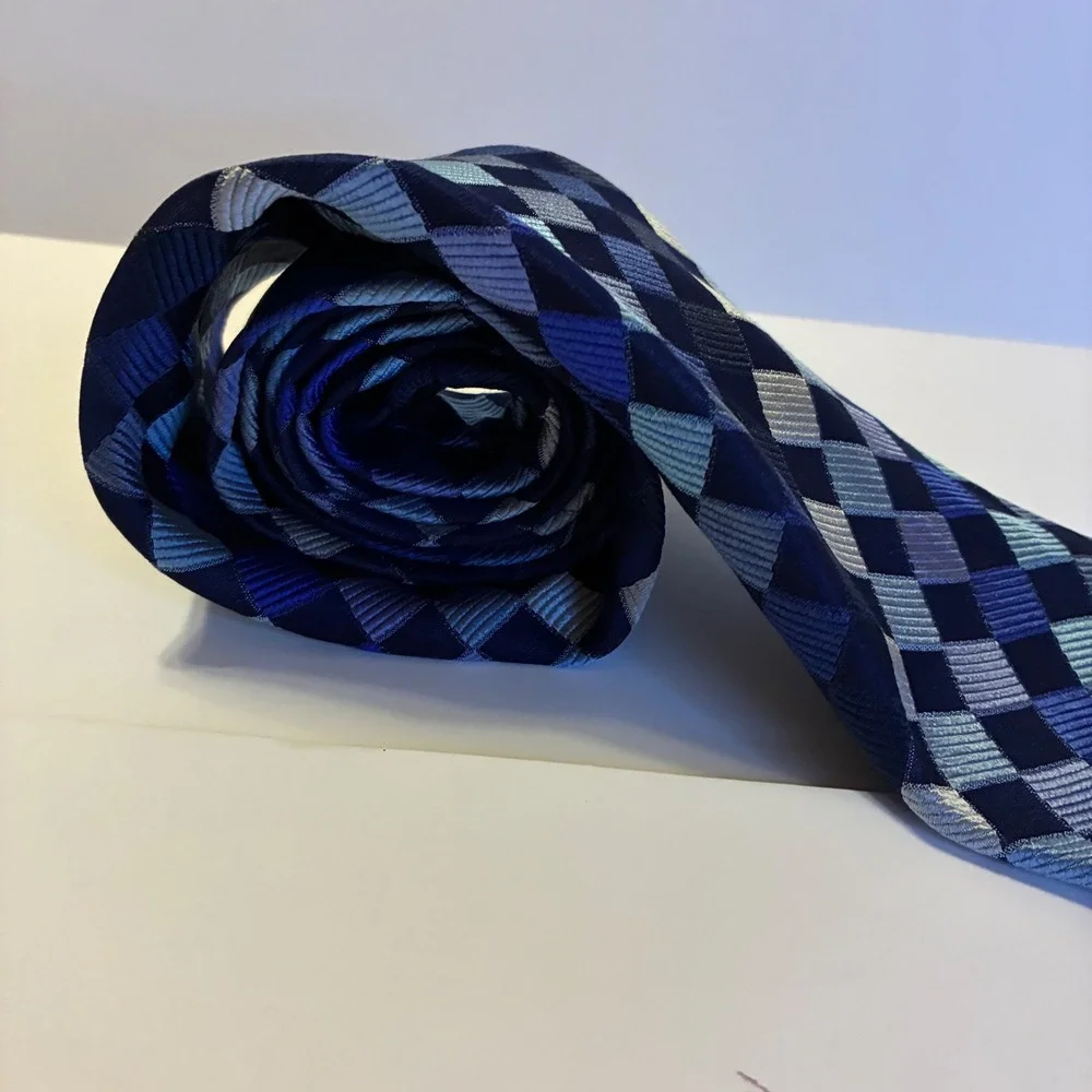 Boss Hugo Boss Silk Necktie Blue Checkered Geometric Made In Italy Blokecore 56